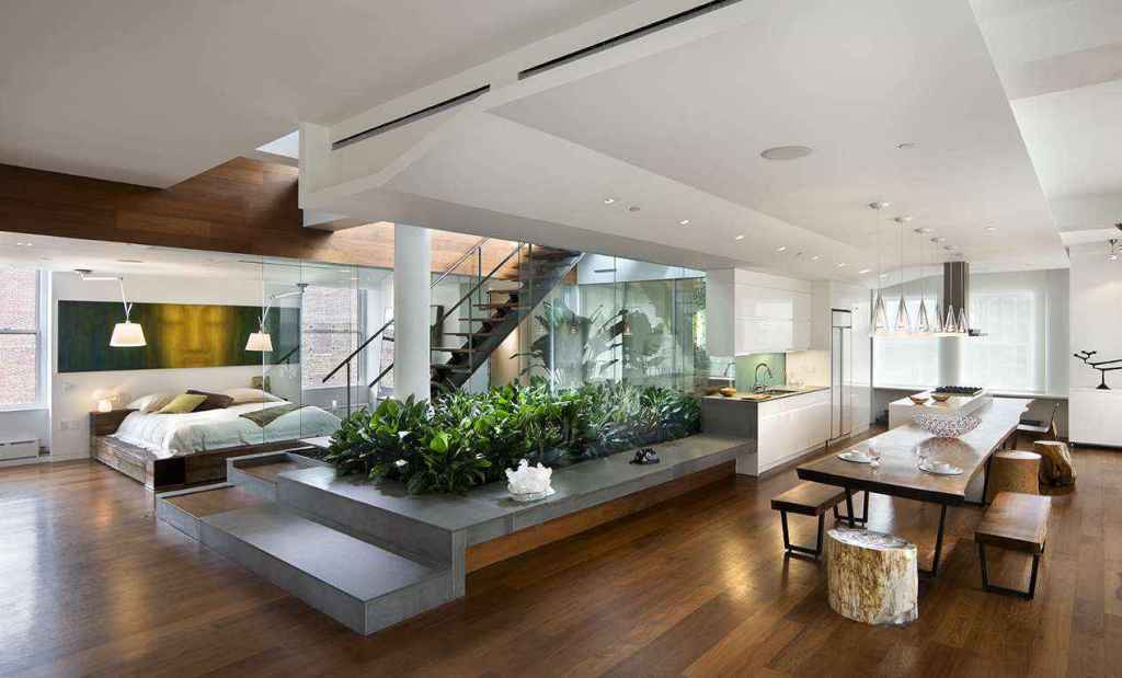 Blesso Loft, Location: New York NY, Architect: Joel Sanders. Loft in penthouse in Nolita section of Manhattan with central light well and garden.