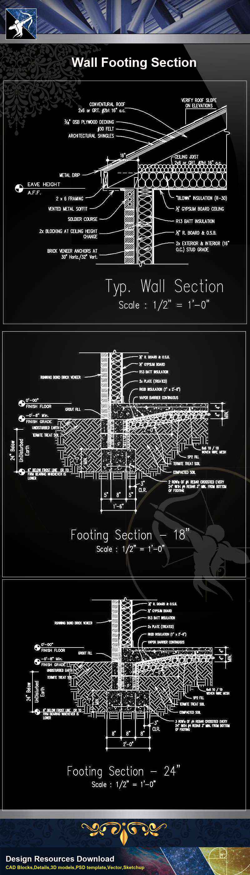 【Architecture CAD Details Collections】Wall Footing Section CAD Details