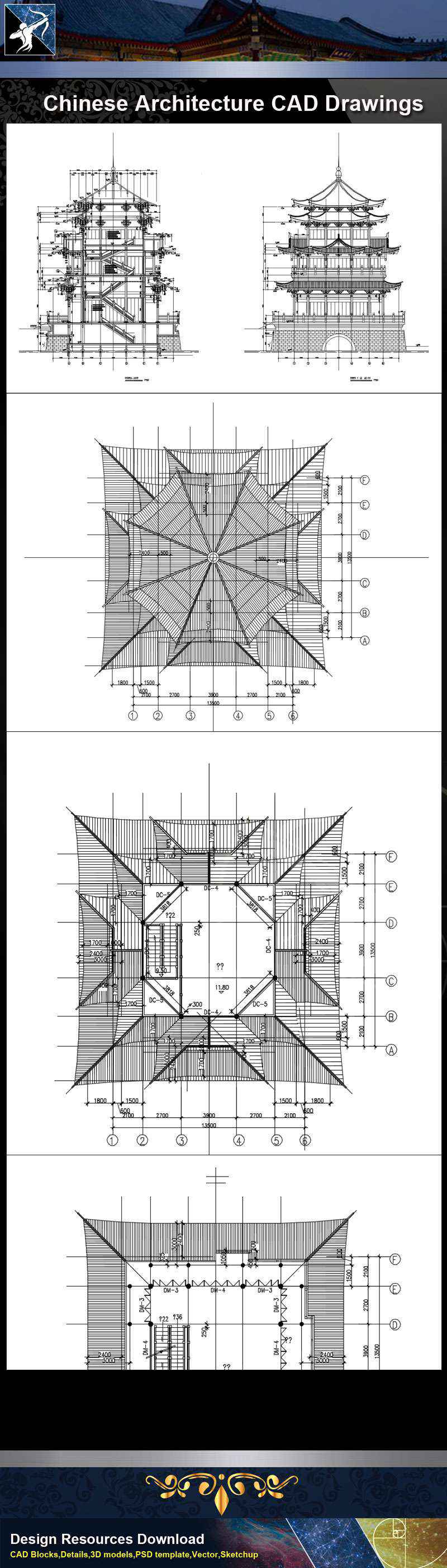 ★【Chinese Architecture CAD Drawings】@Chinese Tower Drawings,CAD Details,Elevation